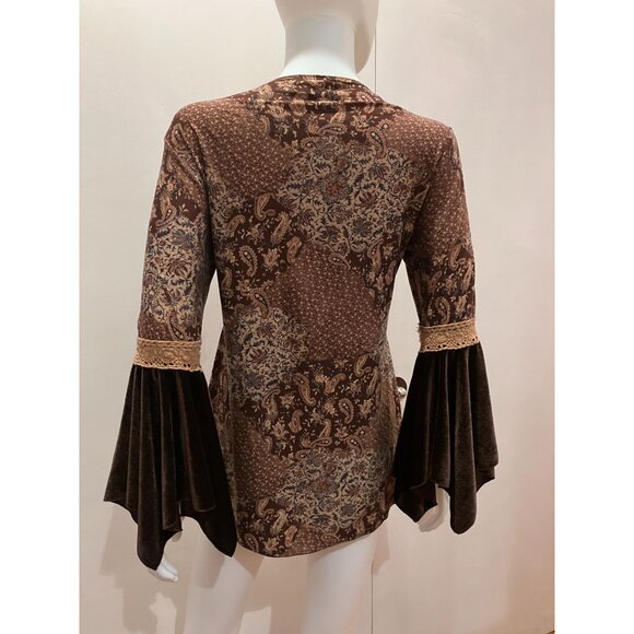 Vintage Y2K brown paisley and velvet bell sleeve 70s look top, lace trim. XL - Picture 2 of 5